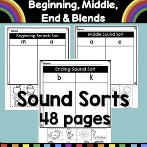 BUNDLE Sound Sort Activities Beginning, Middle, End & Blend Sorts 48 pages No Prep centers kindergarten phonics worksheets cut and paste