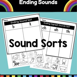 May include: Black and white printable worksheet for sorting pictures by ending sounds. The worksheet has two sections: Ending Sound Sort and Ending Digraph Sounds Sort. The Ending Sound Sort section has two columns labeled "b" and "k". The Ending Digraph Sounds Sort section has three columns labeled "ch", "sh", and "th". There are pictures of a crab, duck, spider web, snake, skunk, submarine, sock, box, butterfly, palm tree, tooth, bucket, fish, and bathtub.