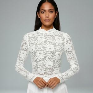 Top de novia de encaje, Top de boda de encaje transparente, Top separado de boda, Top corto de novia, Top de novia con mangas largas, Top de encaje blanco para mujer