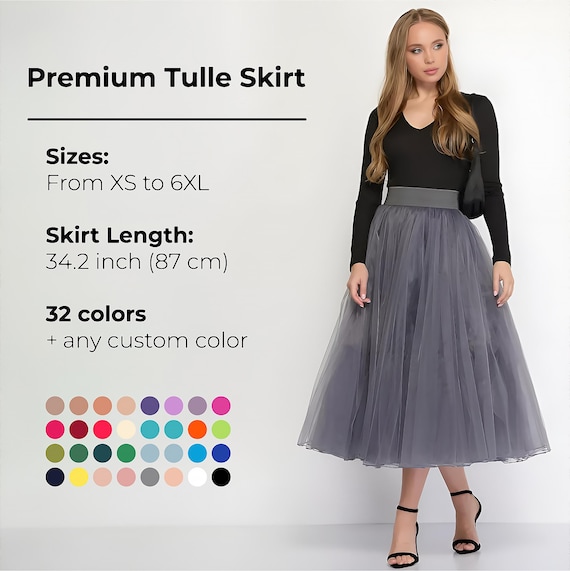Gray Tulle Skirt, Custom Skirt Women, Tea Length Tulle Skirt, Tutu