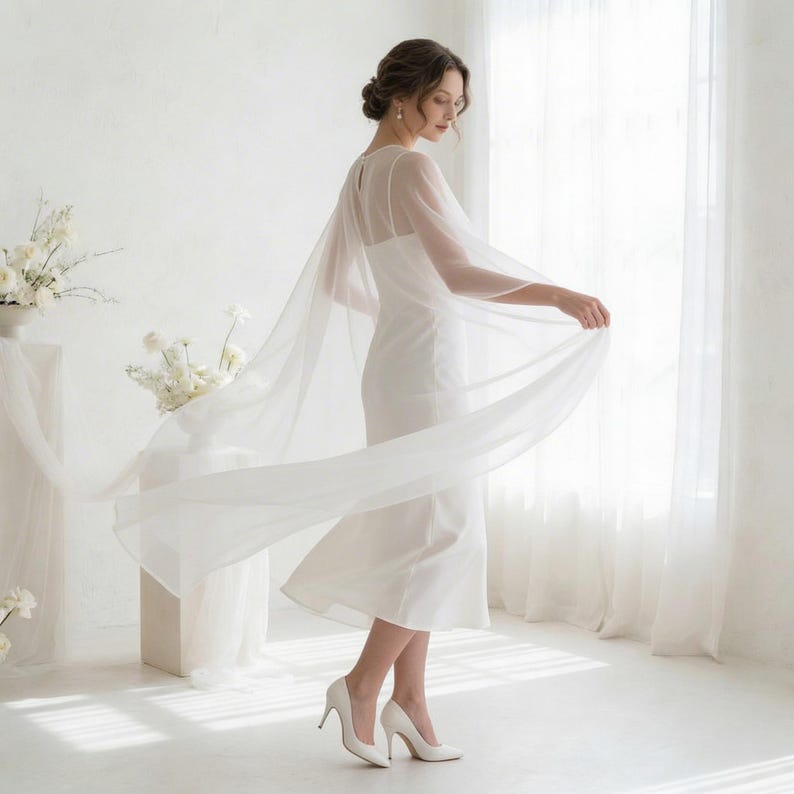 May include: A white, floor-length wedding dress with a sheer cape. The dress has a simple, elegant design, and the cape flows gracefully. White high heels complete the look. The scene is set in a bright, airy room with white flowers.