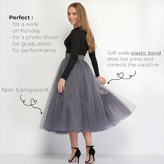 Gray Tulle Skirt, Custom Skirt Women, Tea Length Tulle Skirt, Tutu