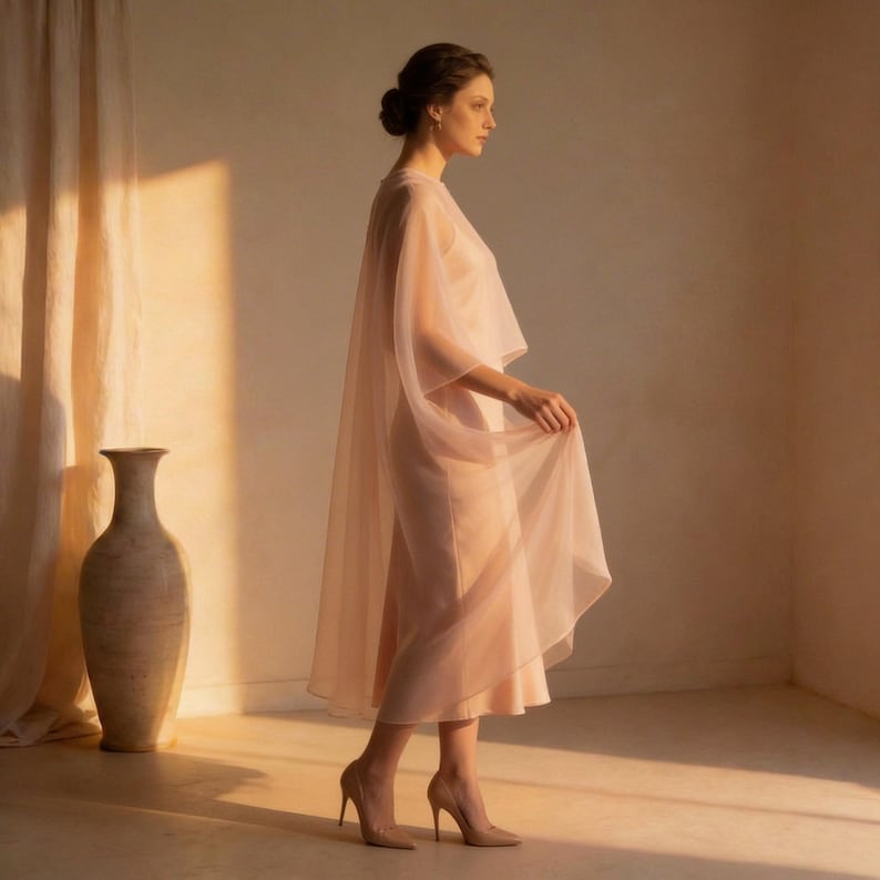 May include: A woman wearing a light pink dress and sheer cape. The dress is knee-length and the cape drapes over the shoulders. She is wearing matching high heels. A large, beige vase is in the background.