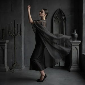 May include: A woman in a black outfit with a flowing sheer cape poses in a dark room. The outfit includes a long dress or jumpsuit and high heels. A vintage candelabra and decorative pedestals are in the background.