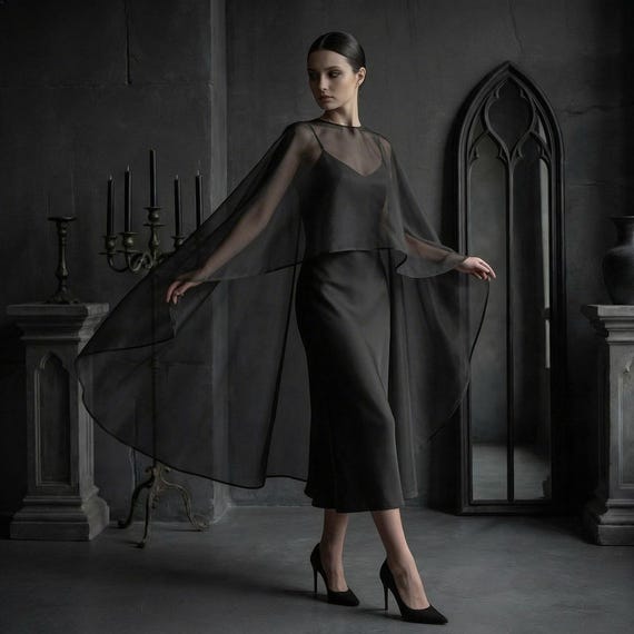 Black Organza Cape, Sheer Organza Cape, Organza Evening Cape, Gothic Organza Cape, Bridal Organza Cape, Organza Capelet, Sheer Black Cape