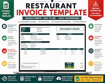 Restaurant Invoice Template for Google Sheets | Restaurant Billing & Payment Tracker | Editable Invoice Spreadsheet