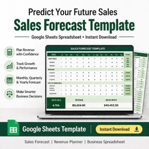 Puede incluir: Un portátil muestra una plantilla de previsión de ventas. La pantalla muestra una hoja de cálculo con columnas para los meses y filas para los ingresos y las unidades vendidas. El texto "Sales Forecast Template" está en la parte superior.
