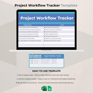 May include: A laptop screen shows a "Project Workflow Tracker" template. The display features a blue and white table with descriptions and notes. Below, the text reads "Easy-to-Use Template" with bullet points detailing task planning, progress monitoring, and productivity.