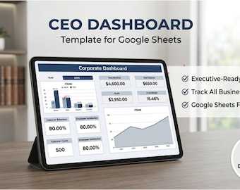 Plantilla de panel de control para CEO en Google Sheets, rastreador de KPI empresariales ejecutivos, hoja de cálculo de gestión financiera, métricas de rendimiento profesional.