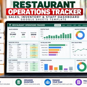 May include: A digital restaurant operations tracker Google Sheets template displayed on a laptop screen. The dashboard features various data visualizations including bar charts, line graphs, and pie charts for sales, inventory, staff, and expenses.