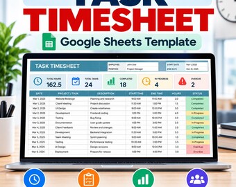 Puede incluir: Una pantalla de portátil que muestra una plantilla de hoja de cálculo de Google Sheets para control de tareas. Incluye secciones para datos del empleado, horas totales, recuento de tareas y una tabla detallada con fechas y estados.