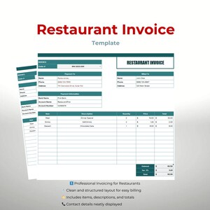 May include: A restaurant invoice template with a clear layout. The document includes fields for order details, payment information, and itemised lists with descriptions, quantities, and prices. The text "Restaurant Invoice" is displayed in red.