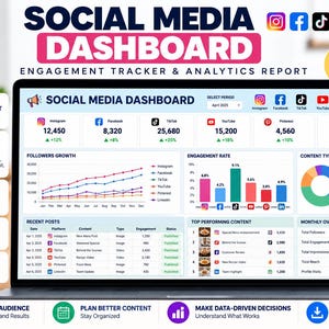May include: A digital social media dashboard displayed on a laptop screen, featuring Google Sheets branding, engagement tracking metrics, follower growth line charts, bar graphs for engagement rates, and a pie chart for content performance analysis.