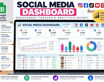 May include: A digital social media dashboard displayed on a laptop screen, featuring Google Sheets branding, engagement tracking metrics, follower growth line charts, bar graphs for engagement rates, and a pie chart for content performance analysis.