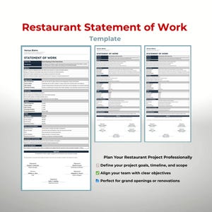 Könnte beinhalten: Eine Vorlage für eine Restaurant-Arbeitserklärung, mit dem Titel in Rot und dem Wort „Vorlage“ in Grau. Das Dokument enthält Abschnitte für Projekttitel, Budget und Verantwortlichkeiten. Der Text „Planen Sie Ihr Restaurantprojekt professionell“ ist ebenfalls sichtbar.