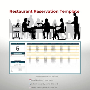 Puede incluir: Una plantilla de reserva de restaurante con una silueta de personas cenando. La plantilla incluye un calendario, detalles de la reserva y el texto "Restaurant Reservation Template". El texto adicional incluye "Simplify Reservation Tracking."