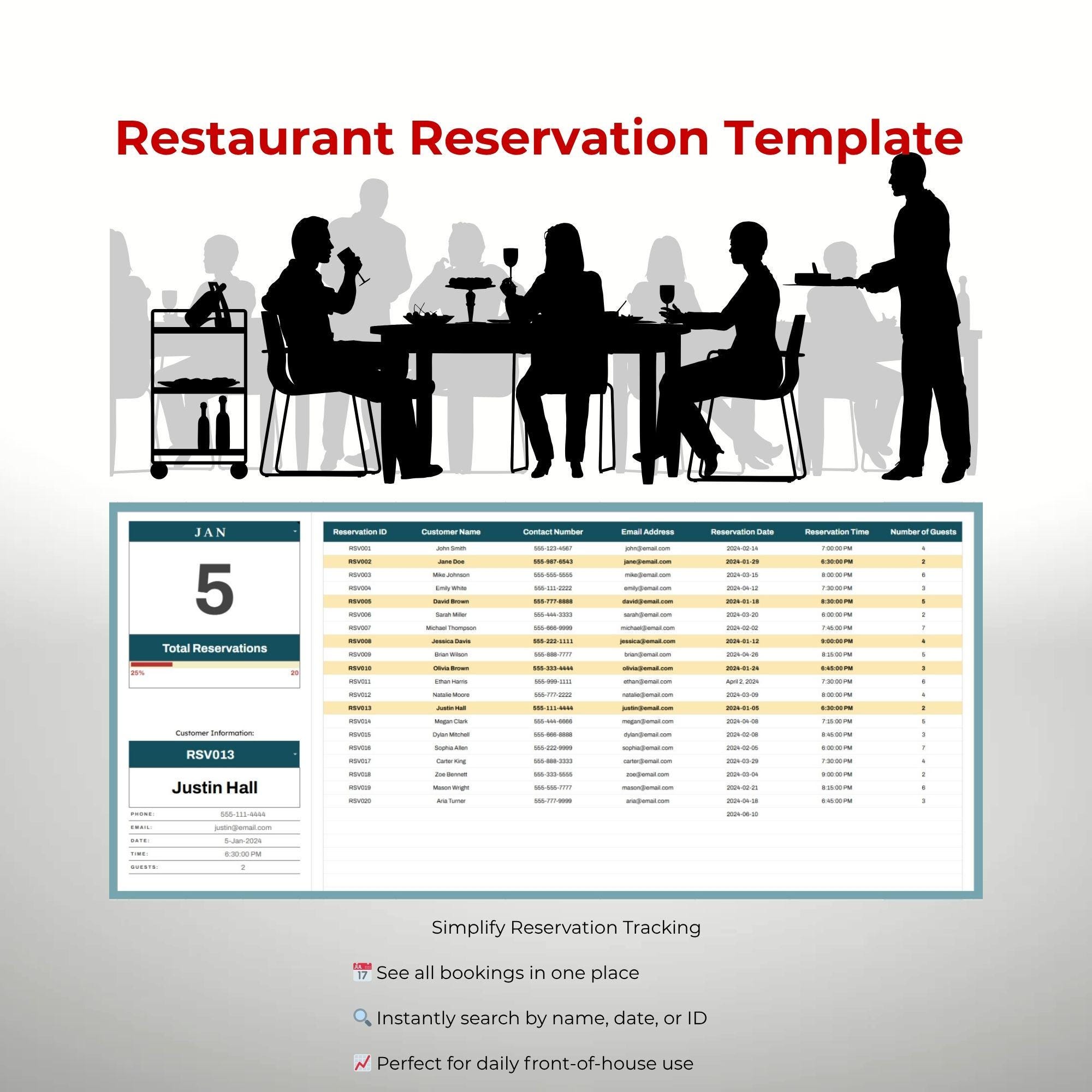 Restaurant Reservation Template, Google Sheets, Table Booking Management, Easy Scheduling, Restaurant Organizing, Editable Spreadsheet