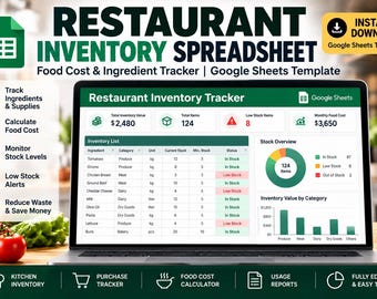 May include: A laptop screen displaying a Restaurant Inventory Spreadsheet Google Sheets template. The dashboard shows an inventory list, stock overview pie chart, and inventory value bar graph with data for ingredients like tomatoes and onions.