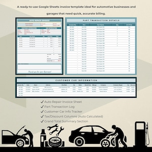 May include: A Google Sheets invoice template for automotive businesses. The template includes sections for auto repair, parts, customer car information, and a grand total summary. The template is designed to help businesses track and manage their invoices efficiently.