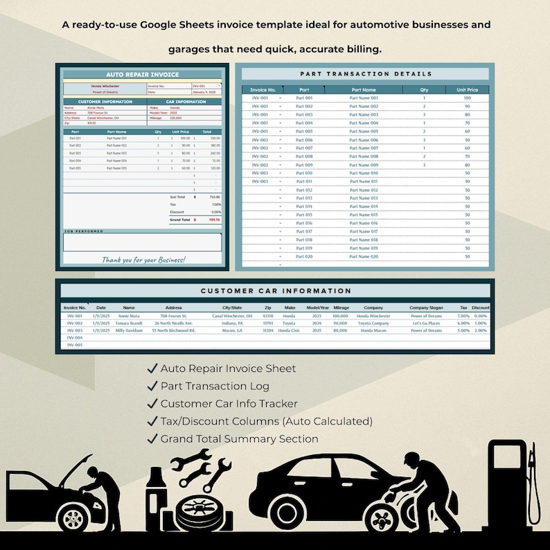 May include: A Google Sheets invoice template for automotive businesses. The template includes sections for auto repair, parts, customer car information, and a grand total summary. The template is designed to help businesses track and manage their invoices efficiently.