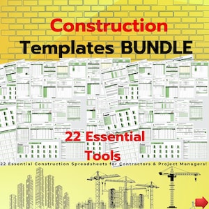 Könnte beinhalten: Ein Bündel von Bauvorlagen mit dem Text "Construction Templates BUNDLE" in Rot und Schwarz. Das Bild enthält 22 wichtige Werkzeuge und Tabellen für Bauunternehmer und Projektmanager. Der Hintergrund ist eine gelbe Backsteinmauer.