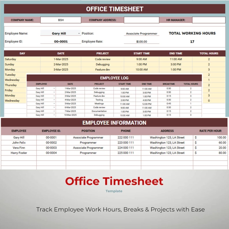 Office Timesheet Dashboard for Google Sheets — Employee Attendance ...
