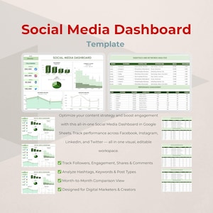 May include: A green and white social media dashboard template with charts and graphs to track followers, engagement, shares, comments, hashtags, keywords, and post types. The template is designed for digital marketers and creators.