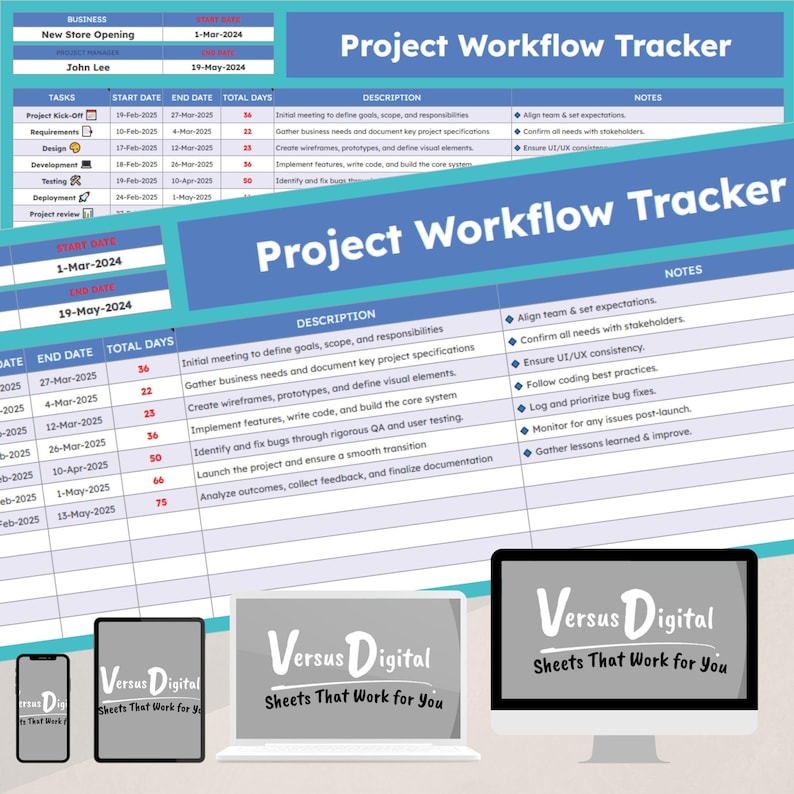 May include: A digital project workflow tracker displayed on multiple devices, including a smartphone, tablet, laptop, and desktop monitor. The tracker shows project tasks, dates, descriptions, and notes. The Versus Digital logo is visible.