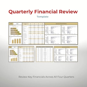 Op de afbeelding: Een sjabloon voor een financiële review met de titel "Quarterly Financial Review" in het rood. De sjabloon bevat grafieken en tabellen voor financiële data-analyse, met het jaar 2024 zichtbaar. De tekst "Review Key Financials Across All Four Quarters" is ook aanwezig.