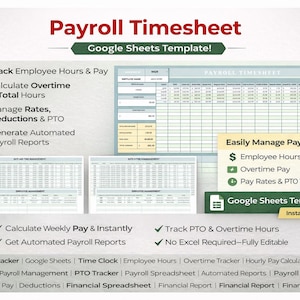 Payroll Timesheet Template | Employee Hours Tracker & Overtime Calculator | Google Sheets Payroll Spreadsheet