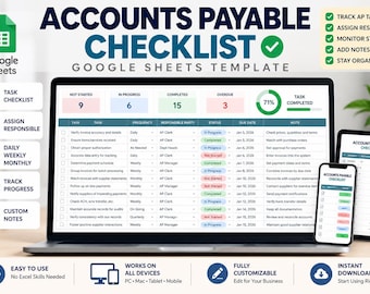Può includere: Un modello Google Sheets per la lista di controllo della contabilità fornitori visualizzato su un computer portatile, un tablet e uno smartphone. Lo schermo mostra una tabella di monitoraggio delle attività con colonne per attività, frequenza, responsabile, stato, scadenza e note.