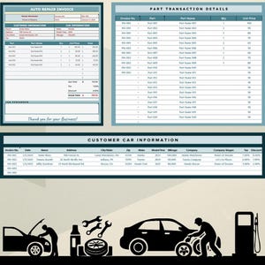 May include: A blue and white auto repair invoice with a table listing customer information, car information, and part transaction details. The invoice includes the company name, address, date, and invoice number. The invoice also includes a table with the part number, part name, quantity, unit price, and total price for each part. The invoice also includes a table with the customer's name, address, city, state, zip code, make, model year, mileage, company, company slogan, tax, and discount.