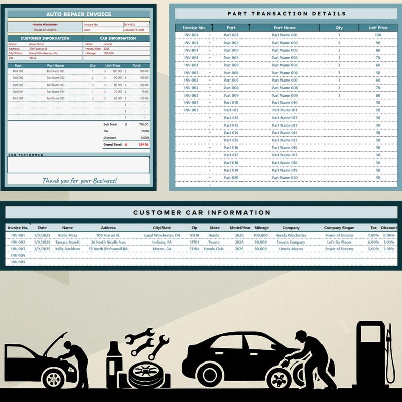 May include: A blue and white auto repair invoice with a table listing customer information, car information, and part transaction details. The invoice includes the company name, address, date, and invoice number. The invoice also includes a table with the part number, part name, quantity, unit price, and total price for each part. The invoice also includes a table with the customer's name, address, city, state, zip code, make, model year, mileage, company, company slogan, tax, and discount.