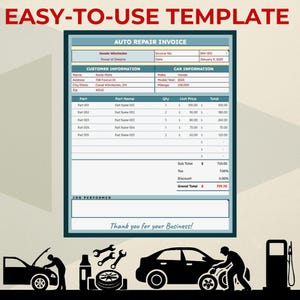 May include: A printable auto repair invoice template with a gray background. The template includes sections for customer information, car information, parts, and job performed. The invoice is titled "Auto Repair Invoice" and includes the text "Easy-to-use Template".