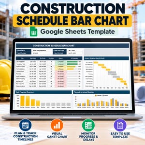 以下が含まれることがあります： 建設スケジュールバーチャートのGoogleスプレッドシートテンプレートを表示するノートパソコンの画面。ダッシュボードには、プロジェクトタスク表、ガントチャート、タスク進捗状況の概要、および計画と実際の期間を比較するグラフが含まれています。
