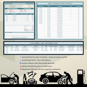 May include: A black and white illustration of a car repair invoice with a section for customer information, car information, part transaction details, and customer car information. The invoice includes a section for itemized part and labor tracking, automated total and tax calculations, invoice history with searchable records, vehicle details section for reference, and works for both one-off and ongoing customers.