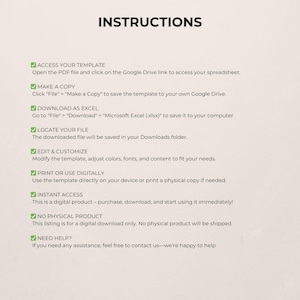 May include: A digital product instruction sheet titled "INSTRUCTIONS" in black, bold text. The sheet details steps for accessing, copying, downloading, and customising a template. It also highlights instant access and the absence of a physical product.
