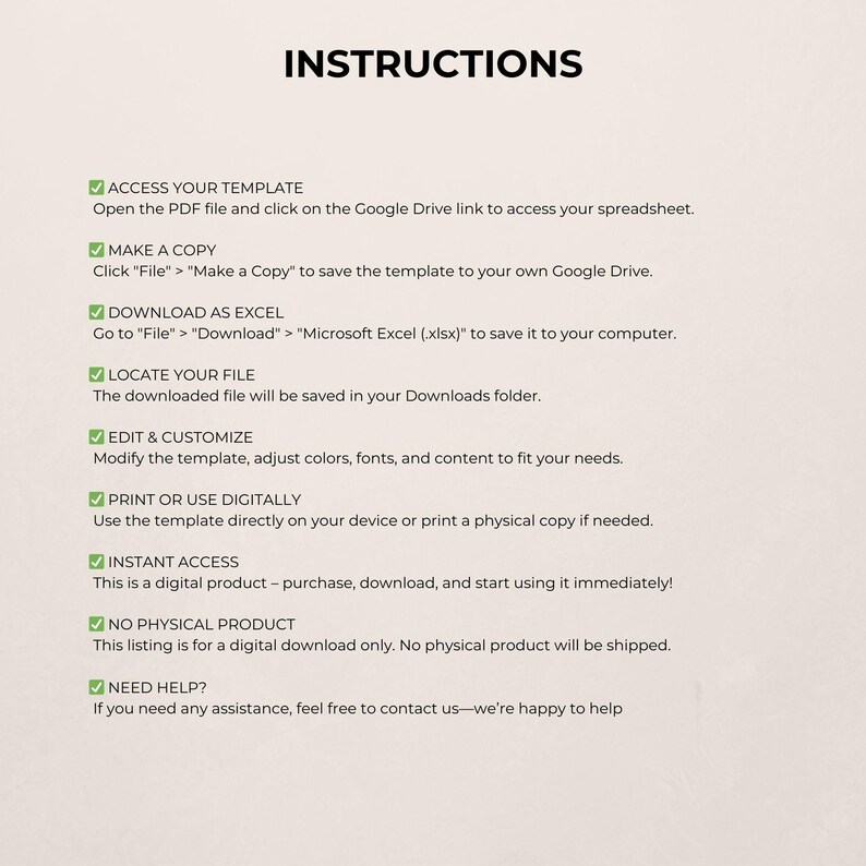 May include: A digital product instruction sheet titled "INSTRUCTIONS" in black, bold text. The sheet details steps for accessing, copying, downloading, and customising a template. It also highlights instant access and the absence of a physical product.