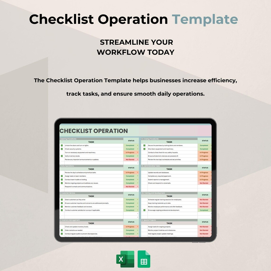 Operation Checklist Template | Google Sheets Workflow Manager - Etsy