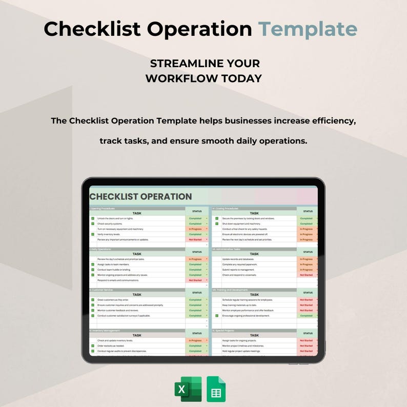 Operational Checklist Sample Operation Checklist Template | Google Sheets Workflow Manager - Etsy