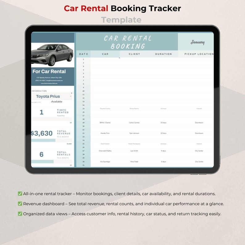 Car Rental Booking Dashboard for Google Sheets — Vehicle Scheduler ...