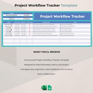 May include: A project workflow tracker template in blue and teal. The template includes sections for tasks, start and end dates, descriptions, and notes. The text "Project Workflow Tracker" is prominently displayed.
