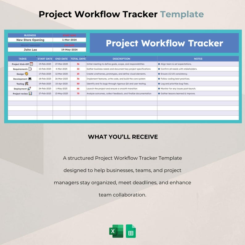 May include: A project workflow tracker template in blue and teal. The template includes sections for tasks, start and end dates, descriptions, and notes. The text "Project Workflow Tracker" is prominently displayed.