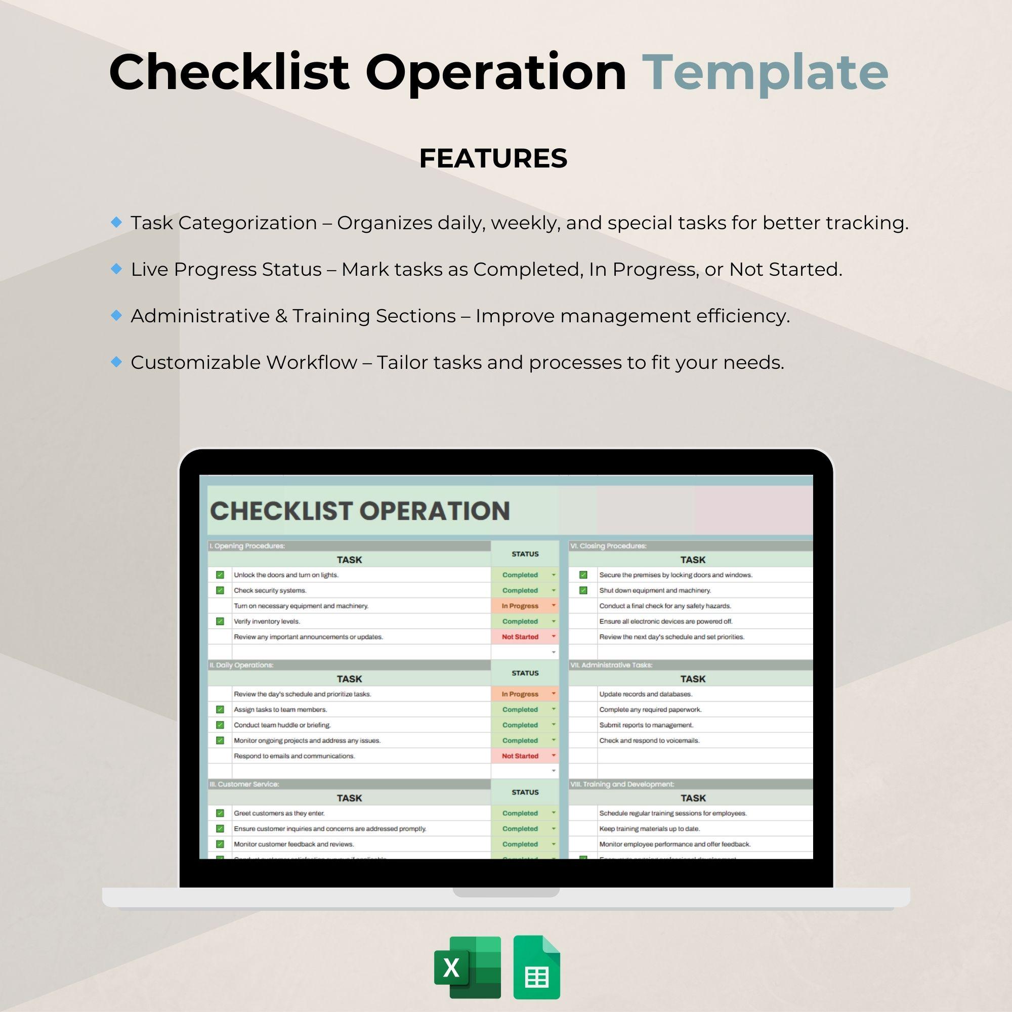 Operations Checklsit Operation Checklist Template | Google Sheets Workflow Manager - Etsy