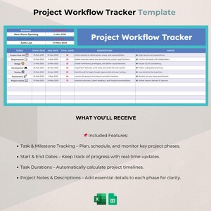 May include: A project workflow tracker template with a blue and teal header. The template includes sections for tasks, start and end dates, and descriptions. The text "Project Workflow Tracker" is prominently displayed. The bottom section lists included features.