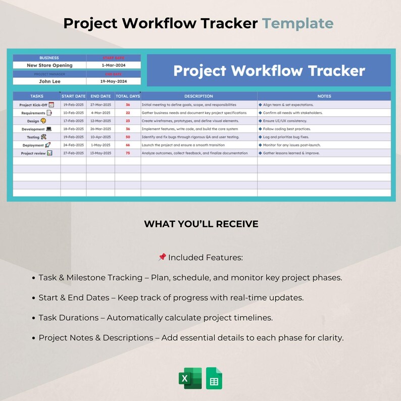 May include: A project workflow tracker template with a blue and teal header. The template includes sections for tasks, start and end dates, and descriptions. The text "Project Workflow Tracker" is prominently displayed. The bottom section lists included features.