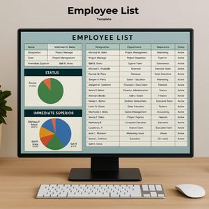 Könnte beinhalten: Ein Computerbildschirm zeigt eine Liste von Mitarbeitern mit ihren Namen, Bezeichnungen, Abteilungen und Status. Der Bildschirm zeigt ein Kreisdiagramm, das den Status der Mitarbeiter darstellt, wobei die Mehrheit aktiv ist.