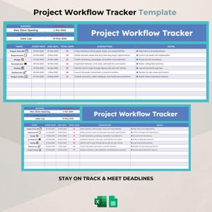 May include: A project workflow tracker template in teal and white. The design includes sections for business details, tasks, start and end dates, and descriptions. The text "Project Workflow Tracker" is displayed. The bottom of the image reads "STAY ON TRACK & MEET DEADLINES."