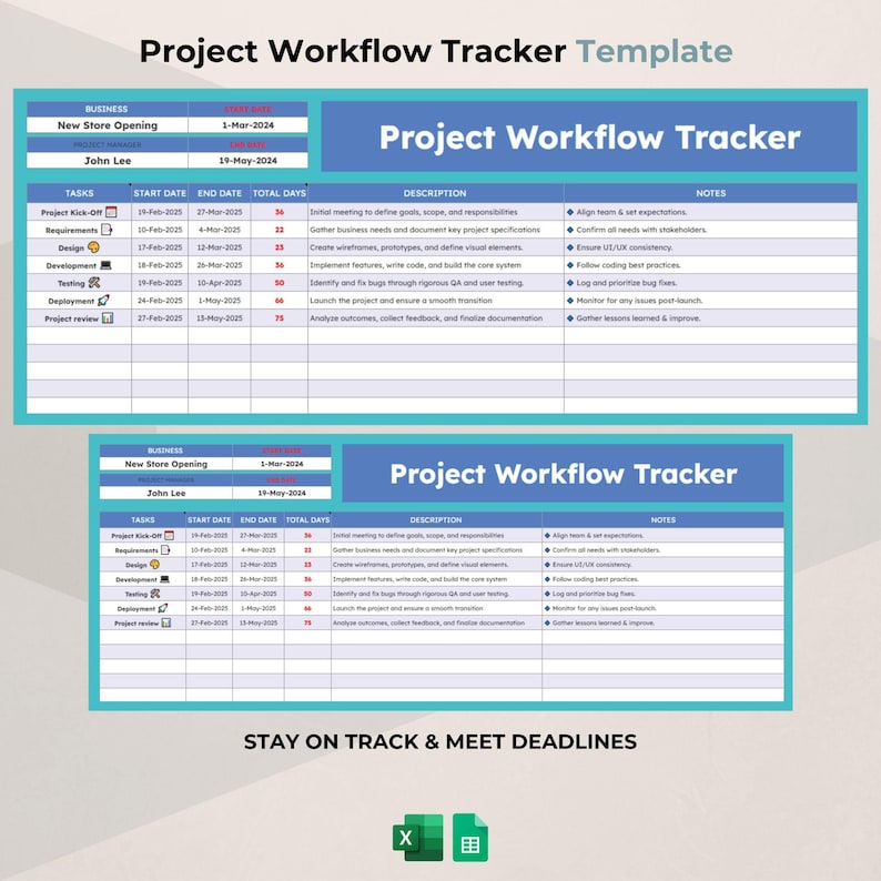 May include: A project workflow tracker template in teal and white. The design includes sections for business details, tasks, start and end dates, and descriptions. The text "Project Workflow Tracker" is displayed. The bottom of the image reads "STAY ON TRACK & MEET DEADLINES."