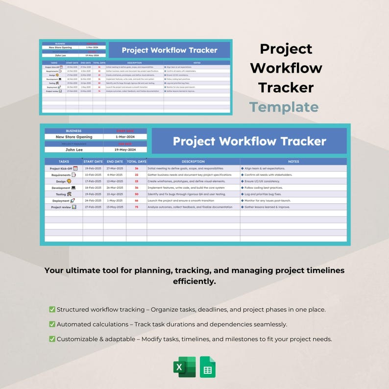 May include: A project workflow tracker template in blue and white. The template features sections for tasks, start and end dates, descriptions, and notes. Text on the image reads "Project Workflow Tracker Template". Designed for planning and managing project timelines efficiently.